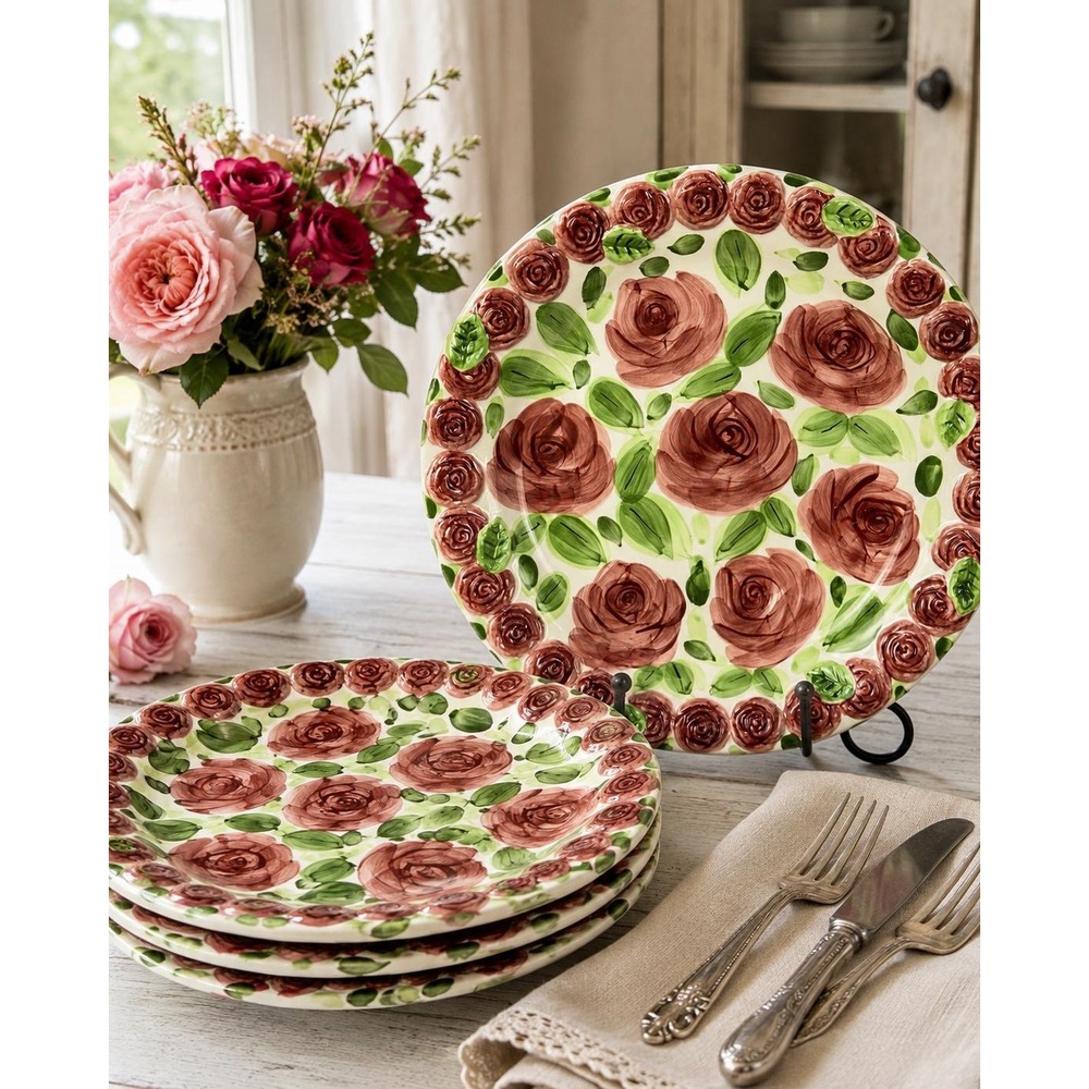 Emily Rose Don Swanson Salad Plates Set of 4 Rose Floral Cottage Dinnerware